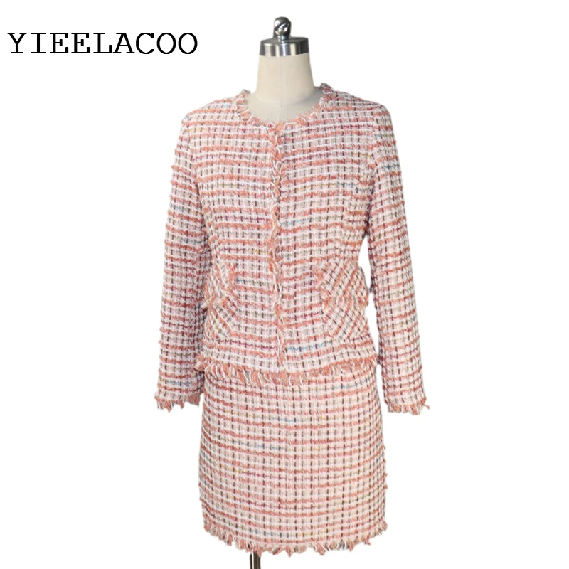 

Костюм женский из твида и юбки, оранжевый/розовый пиджак и элегантная юбка, для работы, комплект из 2 предметов, Осень-зима