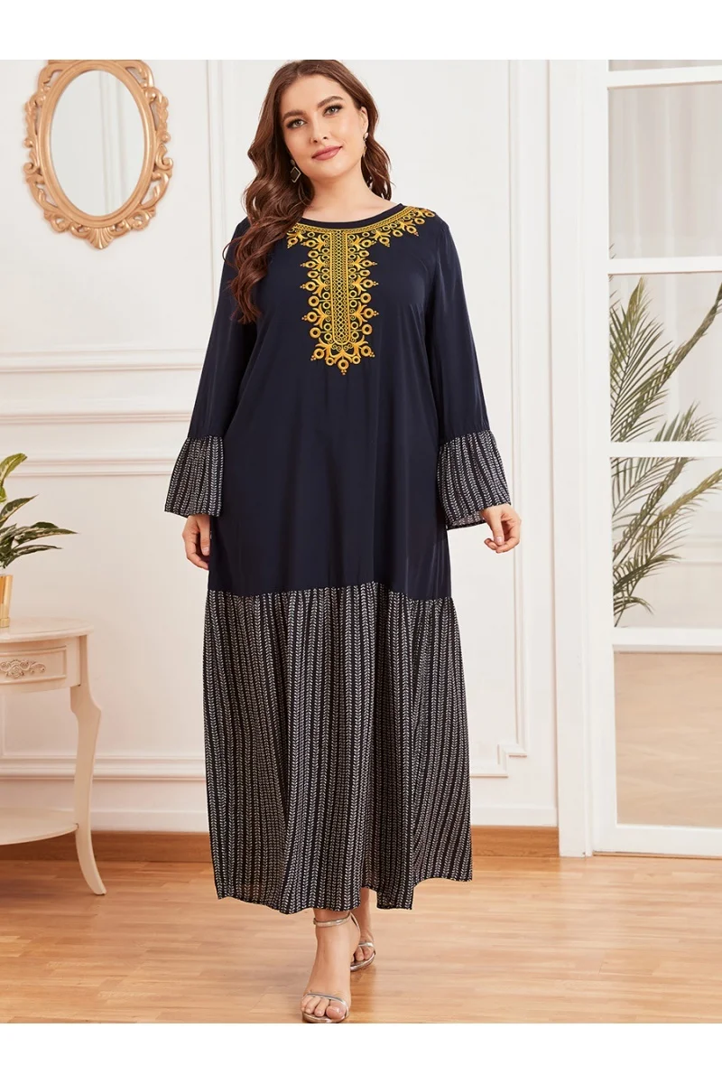 

Large women's Embroidery Fashion stitching pleated abaya Islamic long sleeve urban casual dress Egyptian long skirt