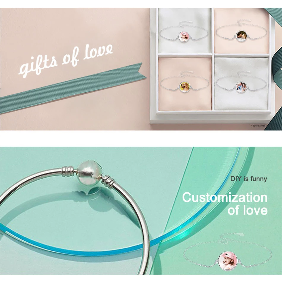 

ELESHE Personalized Custom Photo Round Bracelet 925 Sterling Silver Crystal Snowflake Chain Bracelet Female Fashion Jewelry Gift