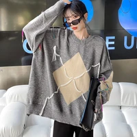 xuxi women knitted sweater fashion long sleeve stitching for loose outer wear pullover coat autumn winter 2021 e3714