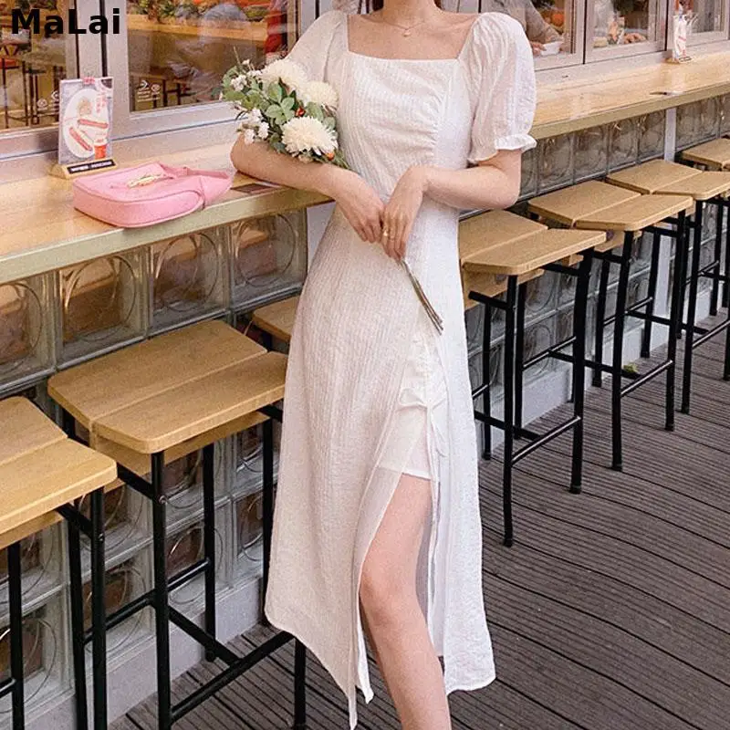 

Женское офисное платье, белое элегантное тонкое платье миди с коротким рукавом, в Корейском стиле, с завязками, Цельный Наряд, лето 2021