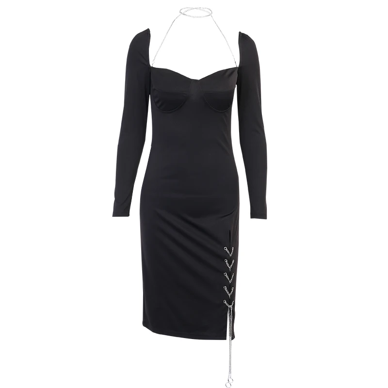 

Elegant Black Bodycon Dress Lady Long Sleeve Hollow Out Patchwork Midi Dresses Gothic Party Nightclub Sexy Dress