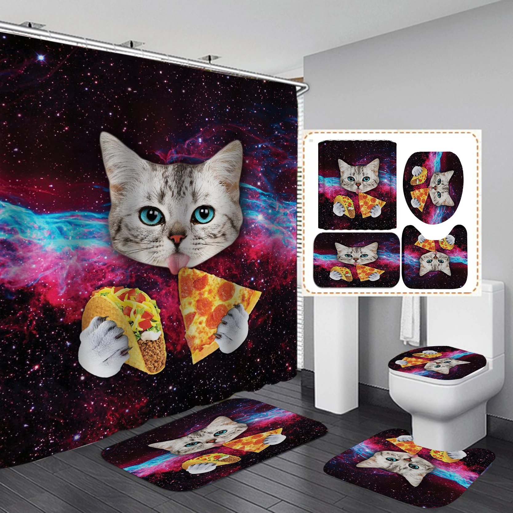 

Animals Bathroom Curtains Sets with Non-Slip Rug, Toilet Lid Cover and Bath Mat Cartoon Cat Shower Curtain 72x72inches with Hook
