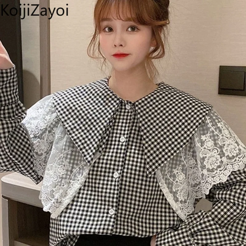 

Koijizayoi Plaid Women Long Sleeves Shirts Peter Pan Collar Chic Korean Blouse Spring Autumn 2022 New Style Blusas Dropshipping