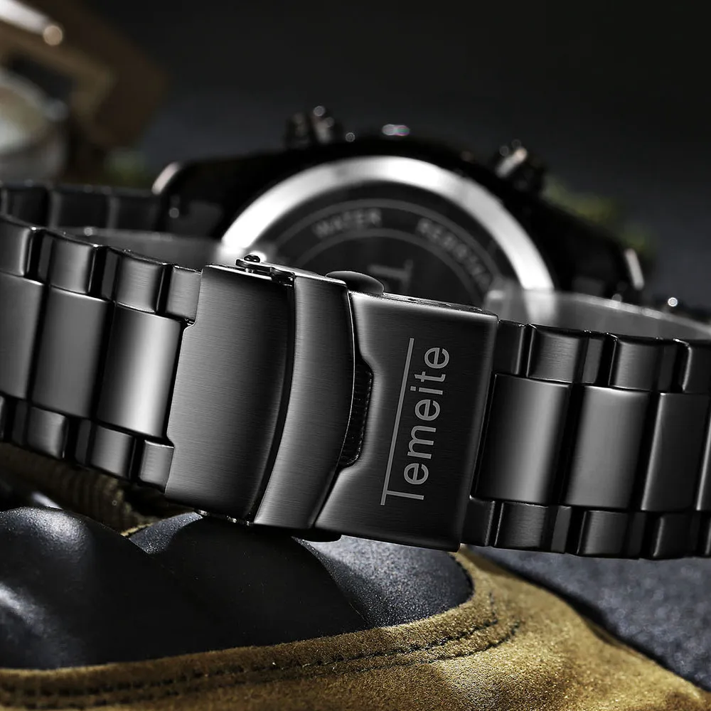 

TEMEITE Quartz Male Watch Top Luxury Golden Black Stainless Steel Strap Big Dial Military Wrist Watches Relogio Masculino