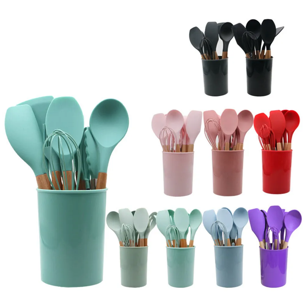 

11PCS Silicone Cooking Utensils Set Kitchenware Wooden Handle Non-stick Cooking Baking Tools Spatula Shovel Kitchen Accessories