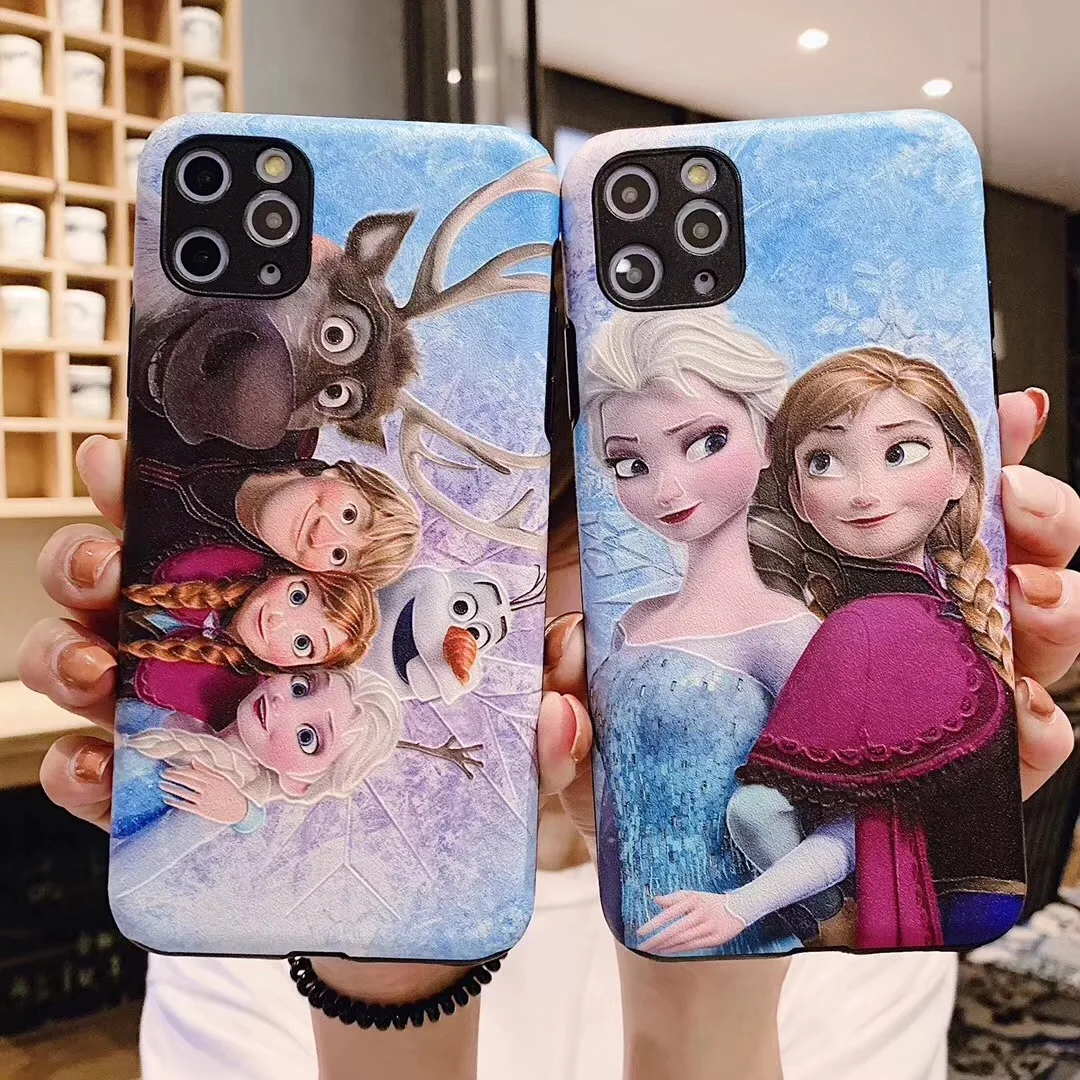 Cute Cartoon Anna Elsa princess Silk relief Case For Apple iPhone 11 pro X Xs Max Xr 7 8 6 s Plus sven Olaf Girl Phone Cover |