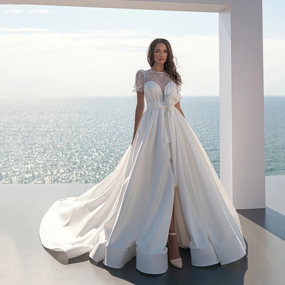 

Elegant Front Slit Wedding Dresses Jewel Puff Sleeve Bridal Gown White Sashes Floor Length Ruched Vestido De Novia