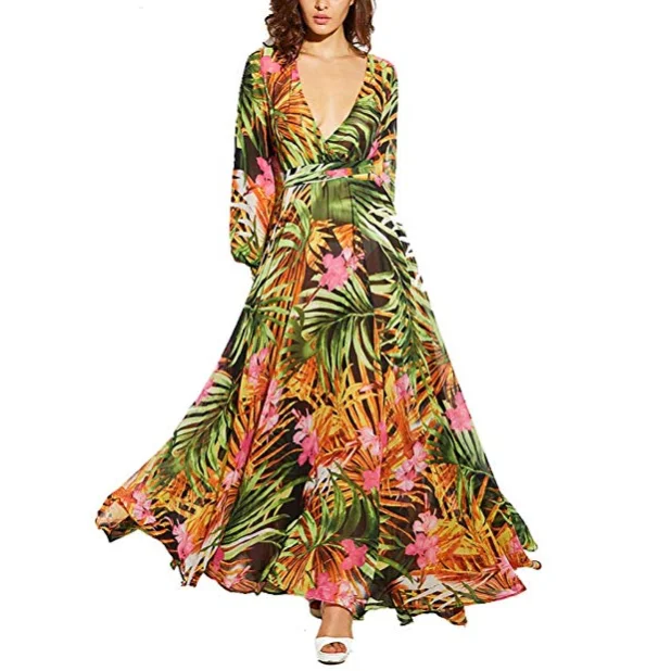 Женское длинное шифоновое платье макси с длинным рукавом и v образным вырезом для