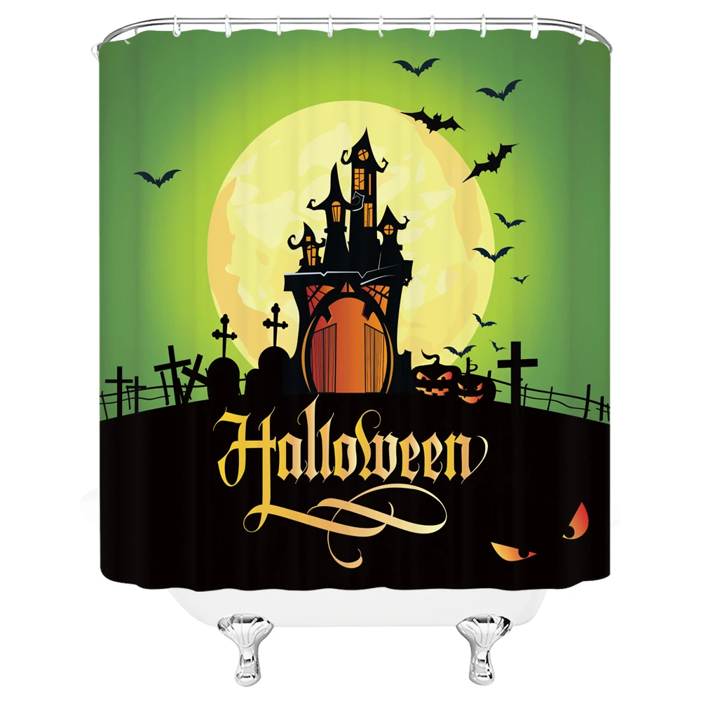 

Halloween Shower Curtains Evil Pumpkin Lantern Night Bat Orange Moon Holiday Themed Bathroom Decor Polyester Fabric Curtain Set