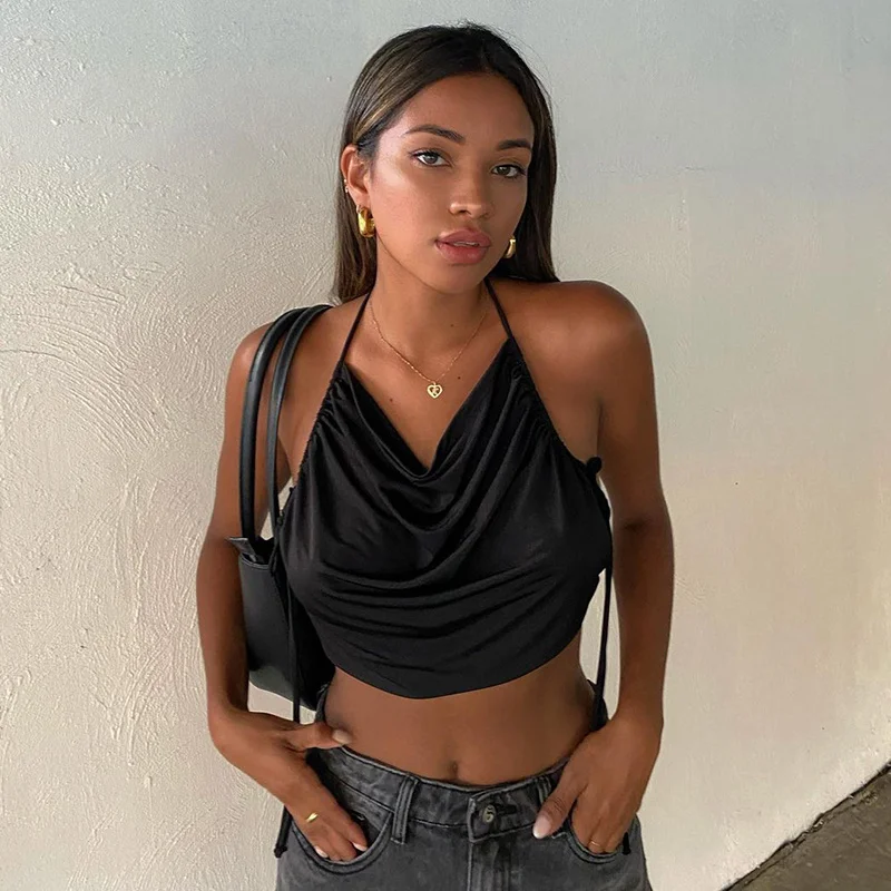 

CHRONSTYLE Sexy Halter Tie Up Camis Tube Tops Streetwear Women Backless Bandage Cropped Y2K V-neck Ruched Female Vest Tank 2022