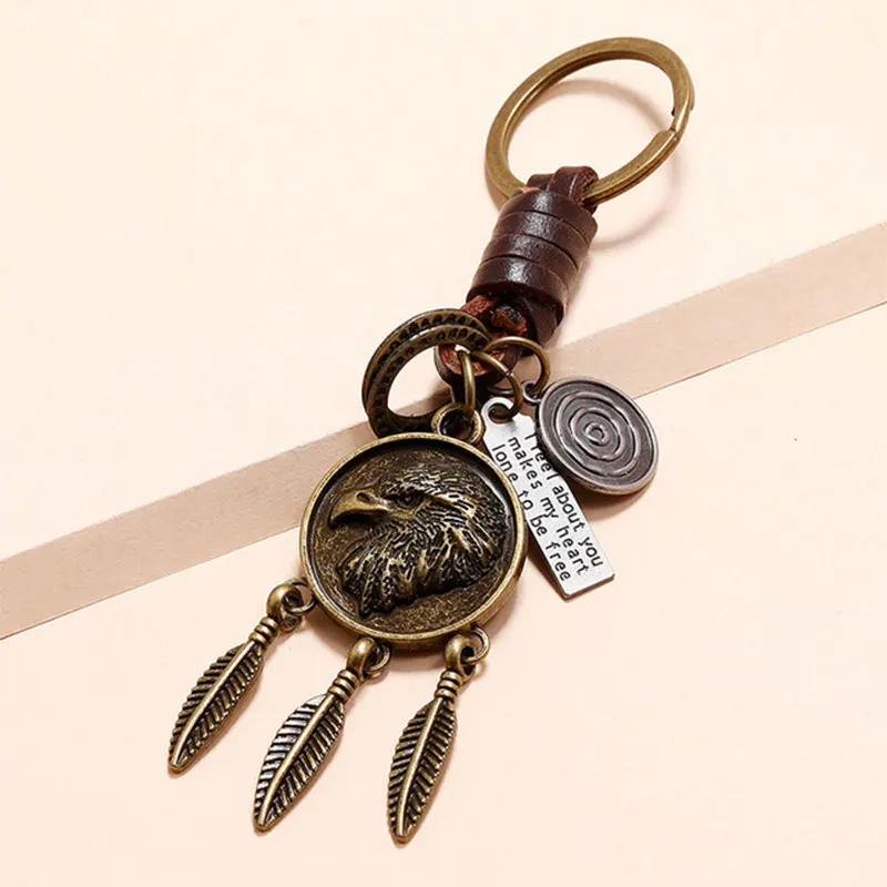 

Vintage Eagle Pendant Hand Woven Leather Keychains for Men Car Key Chain Women Tassel Feather Keyring Charm Jewelry Friends Gift