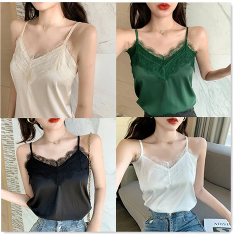 

Sexy Lace Camisole Women Silk V-neck Tops Summer New Sleeveless Casual Tank Tops Female Slim Soft Satin Basic Tops Plus Size