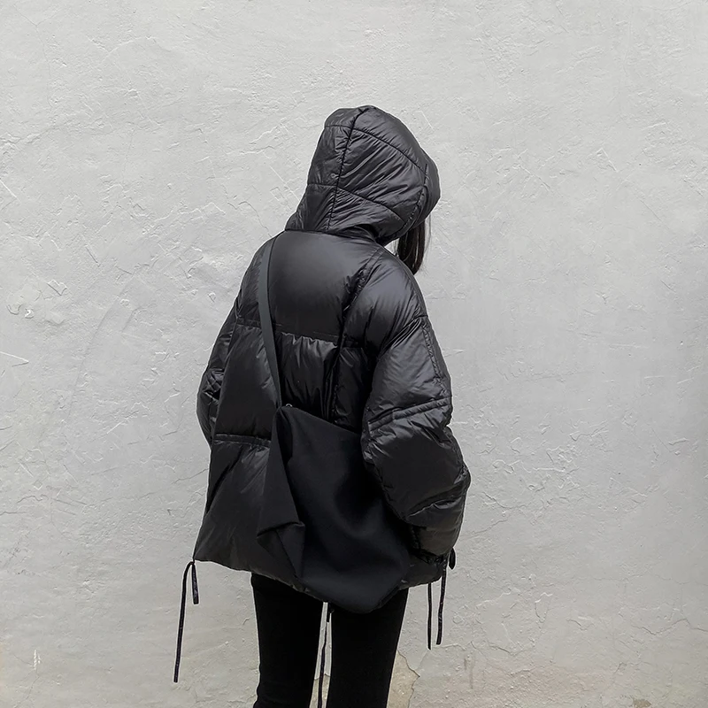 off-Season down Jacket Women's New Drawstring Loose Large Size Hooded Black Bread Coat Short Thickened Coat