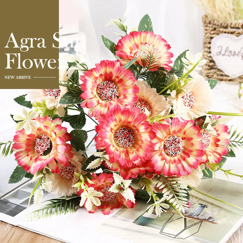 

7 Heads Gerbera Bouquet Home Decoration Cheap Artificial Flower Home Decor Scene Layout Agra Sun Flower Wedding Bouquets 32 Cm