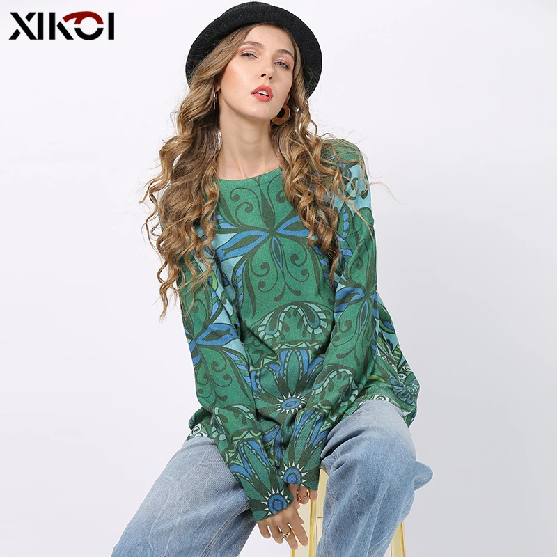 Длинный зеленый свитер XIKOI для женщин зимние модные пуловеры с тотемным принтом