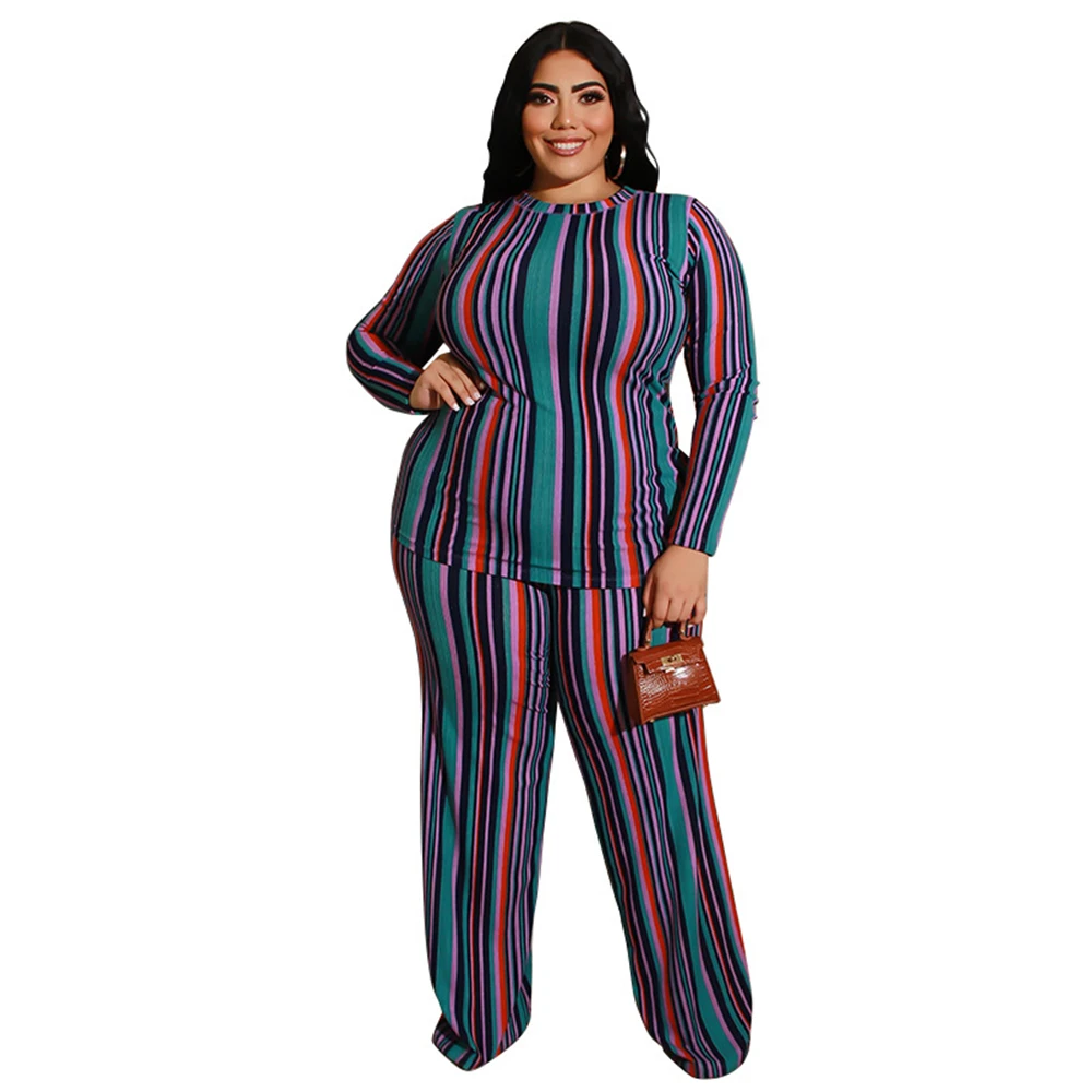 

Autumn Casual Tracksuit Round Neck Long Sleeve Sweatsuits for Women Striped T Shirt Pants Loose Sexy Plus Size Two Piece Set 5XL