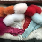 Дамы натуральные кожаные перчатки длинные реальные меховые перчатки лисы женщины моды прогуливаются по локтем реальные кожаные перчатки с теплыми зимними перчатками