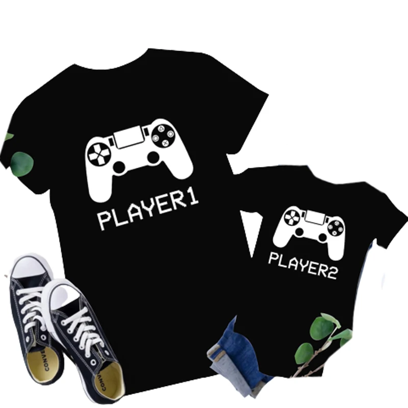 Ropa a juego para la familia, camiseta divertida de aspecto de padre e hijo, playera de manga corta para pap&aacute;, Body para beb&eacute;, 1 jugador 2, 1 ud.-0