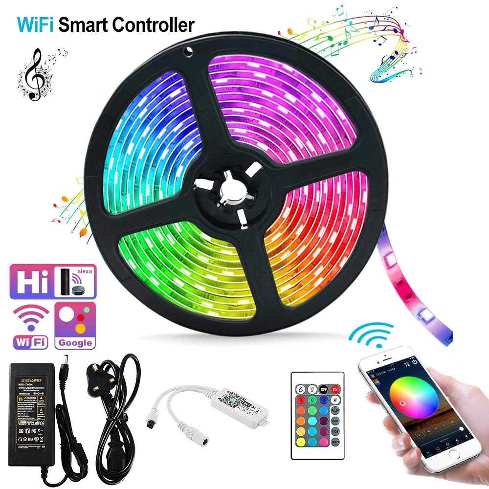 

RGB LED Strip Light RGB 5M / 16.4ft UK Plug WiFi Wireless Smart Phone Control DC12V For Upstairs kitchen Living Room D30