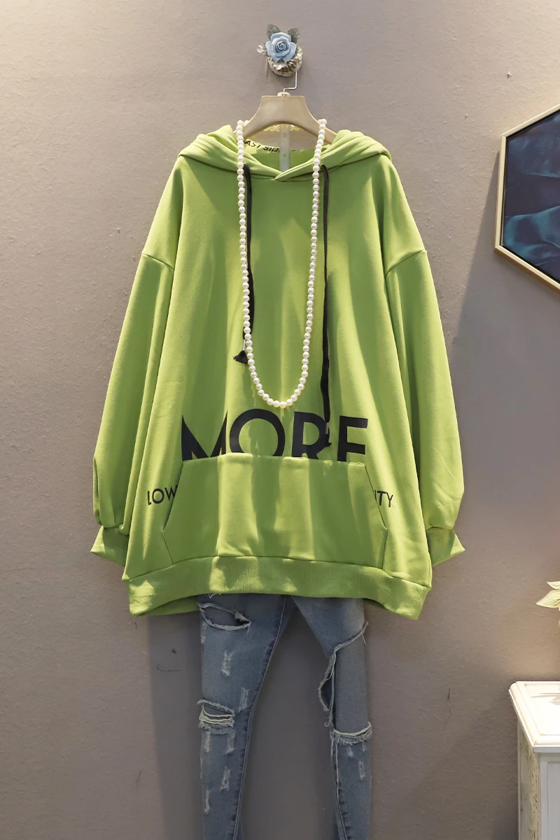 

QING MO Green Yellow Women Hooded Sweatshirt 2021 Women Casual Letter Sweatshirt With Large Pocket Thicken Pullovers ZQY5828