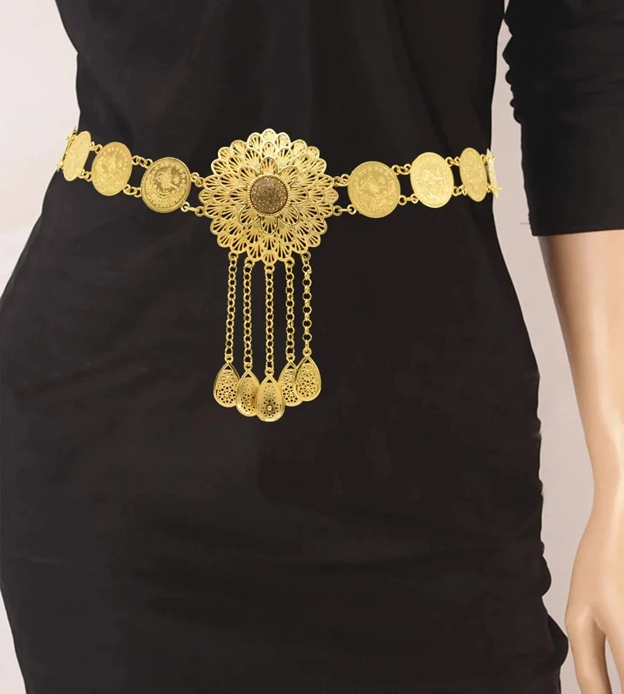 Cadenas de vientre de Metal dorado indio para mujer, flor hueca, moneda, borla larga, Bikini, cadena para el cuerpo, joyería de fiesta de Egipto