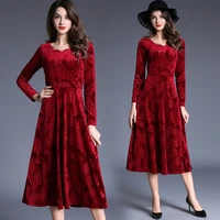 vintage full sleeves velvet fabric print flower red empire round neck mid calf slim casual elegant long dresses for women