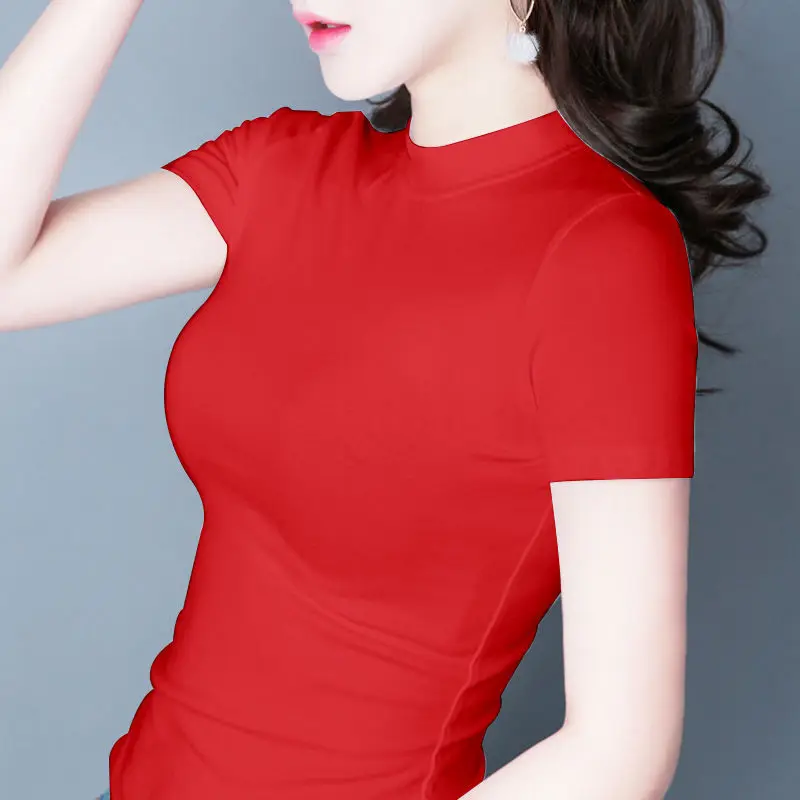 Футболка женская с высоким воротом облегающий белый топ коротким рукавом