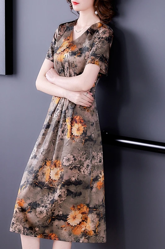 

COIGARSAM 4XL Plus Size Print Women dress New Summer Dresses Gray 5168