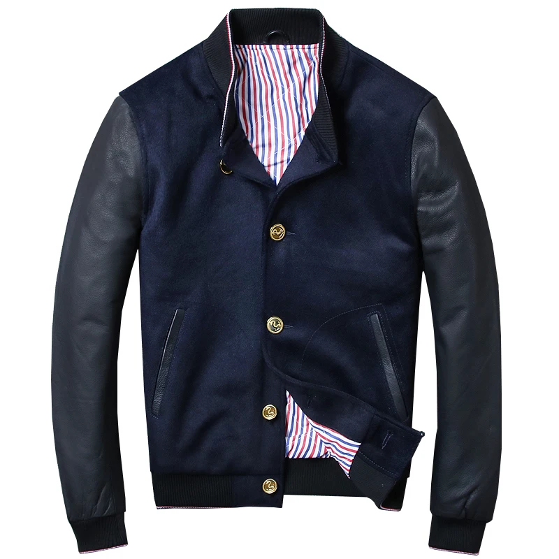 

Nice SHIPPNG Mens Spliced Woolen Genuine Leather Overcoat Short Slim Blue Baseball Coats Jackets Single Breasted Sheepskin