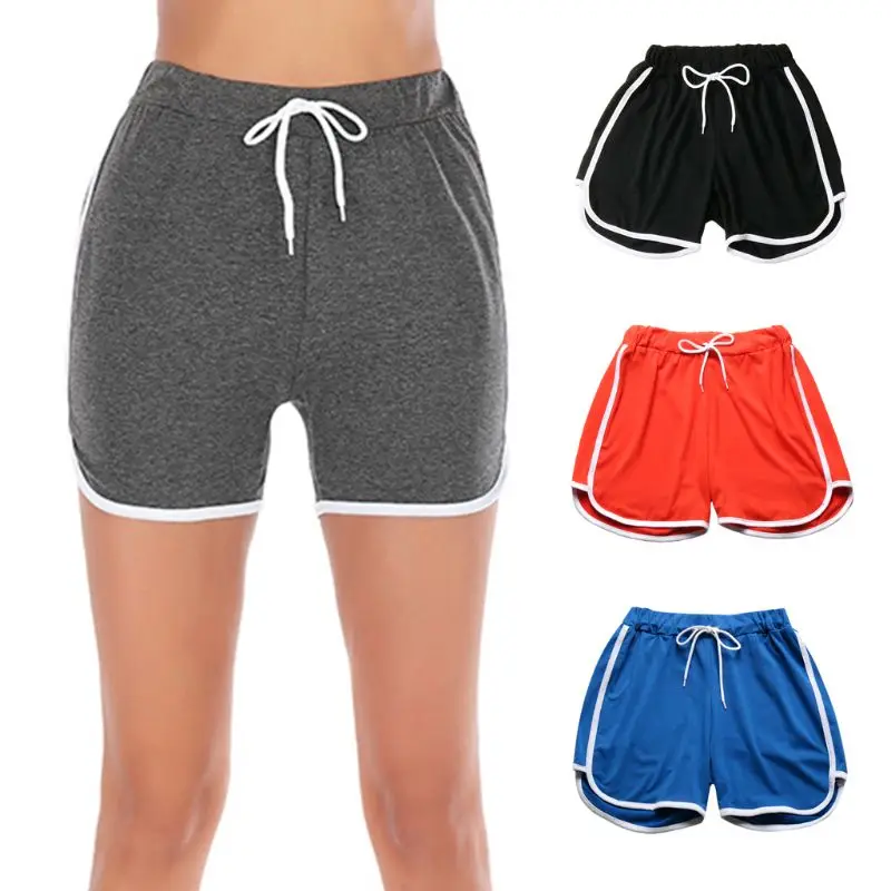 

Women Mid Rise Workout Sport Shorts Drawstring Waist Dolphin Yoga Pants Contrast Trimming Fitness Running Leggings