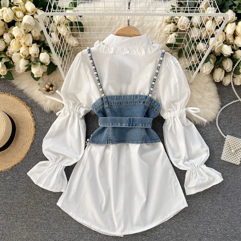 

2021 Chic Women New Fashion Diamond-studded Beaded Long Sleeve White Elegant Shirt + Tassel Pearl Denim Vest Two-piece Sets