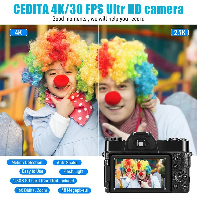 Цифровая камера 4K Wi-Fi связь с микрофоном видеонаблюдения 48 МП для YouTube 16-кратный