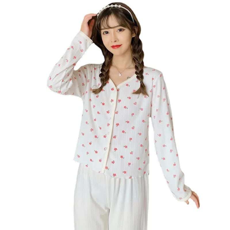 Women's pajamas pure cotton cardigan long-sleeved princess wind small floral home service suit spring and autumn пижама женская