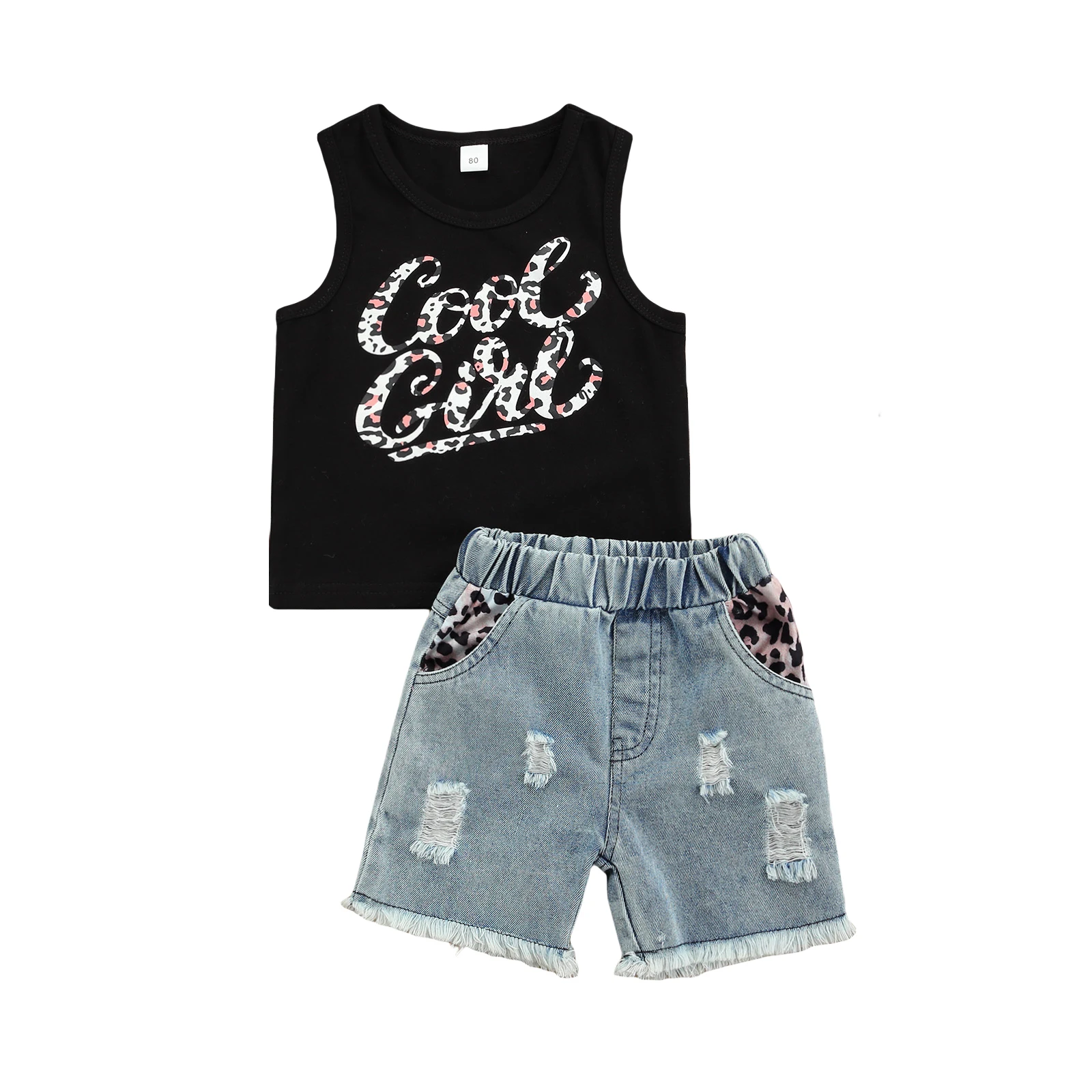 

Toddlers Creative Leopard Print Letter Printing Round Collar Sleeveless Top + Ripped Denim Shorts