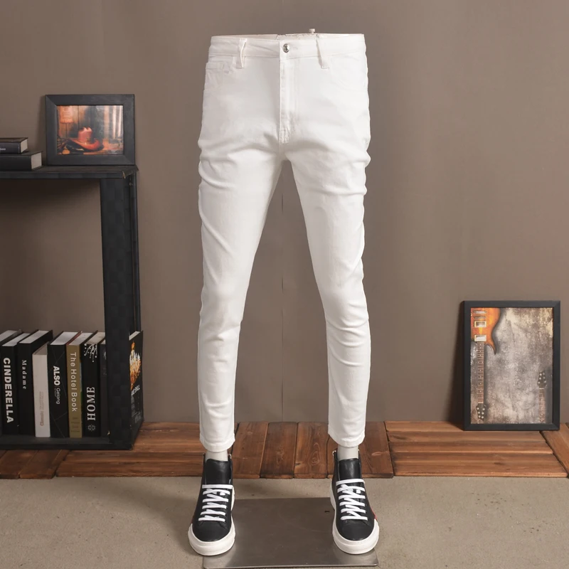 Summer White Jeans Men Thin Stretch Cotton Denim Slim Fit Ankle-Length Pants