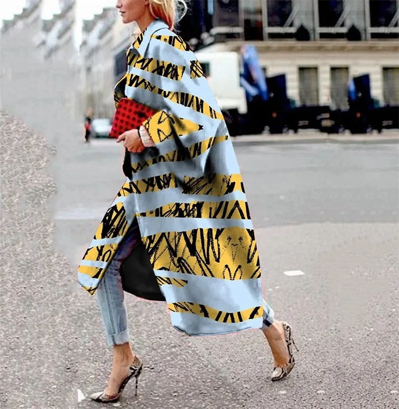 

Women Trench Jacket Autumn Windbreaker Vintage Ethnic Style Embroidery Print Long-Sleeved Casual Winter Fashion Coats