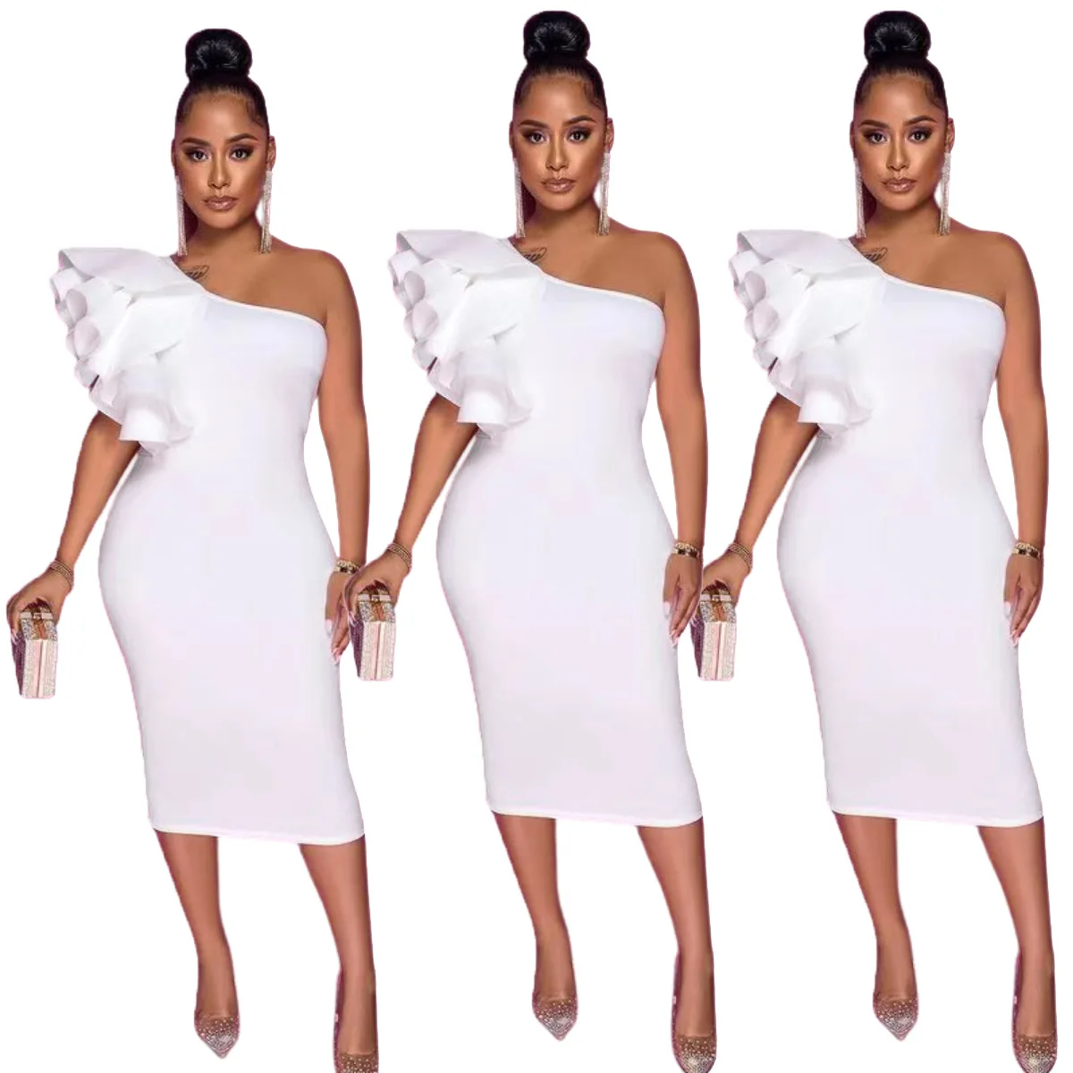 

2021 Summer Fashion Women's Dress New Casual Oblique Collar Pullover Solid Color Sexy Ruffled Single-sleeved Dress