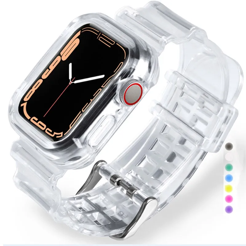 

Clear Strap+Case For Apple Watch Band 45/4140/44/38/42mm Accessories Silicone Transparent Bracelet iWatch Series 2 3 4 5 6 SE 7