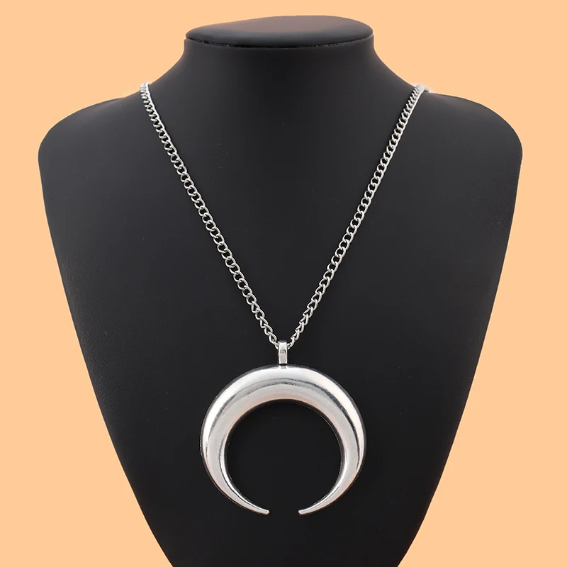 

1 x Tibetan Silver Color Large Double Ox Abstract Horn Crescent Moon Charms Pendants Necklace on Long Link Chain Lagenlook 34"