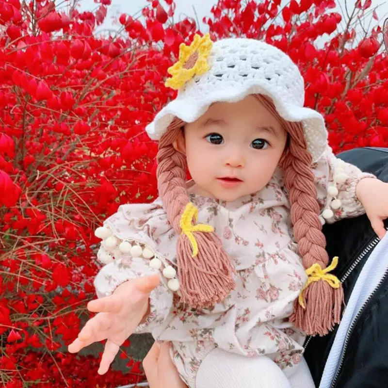Cute Hats For Baby Girls Braid Bonnet Kids Spring Beanie Hollow Toddler Child Handmade Woolen Earmuffs Cap Newborn Photo Props | Детская