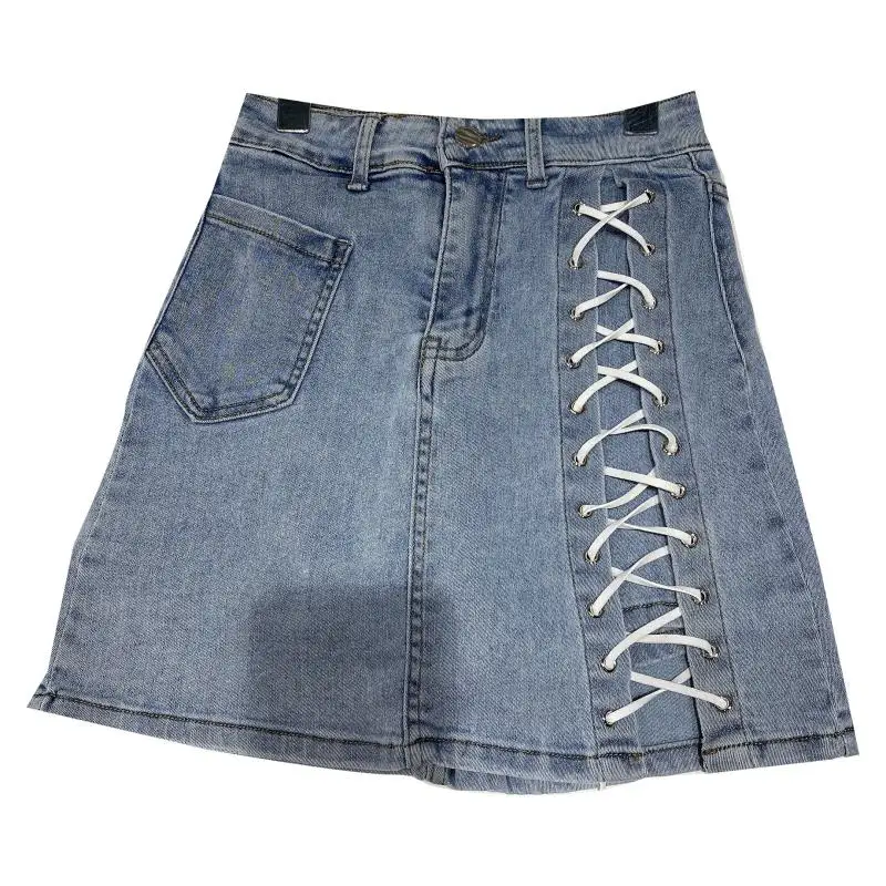 

Women A Line Elastic Waist Short Skirt 2021 Summer Fashionable Side Strap Denim Mini Skirt Female Blue Bandage Hip Skirt