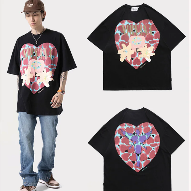 

Cotton Oversize T-shirts Men High Street Print Heart-shaped T Shirt Harajuku Loose Unisex Streetwear Summer Short Sleeve Tops