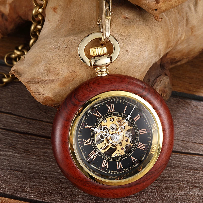 Luxury Wooden Mechanical Pocket Watch for Men Roman Numeral Sandalwood Wood Case Gold Back Engraved Fob Chain Clock Dropshipping