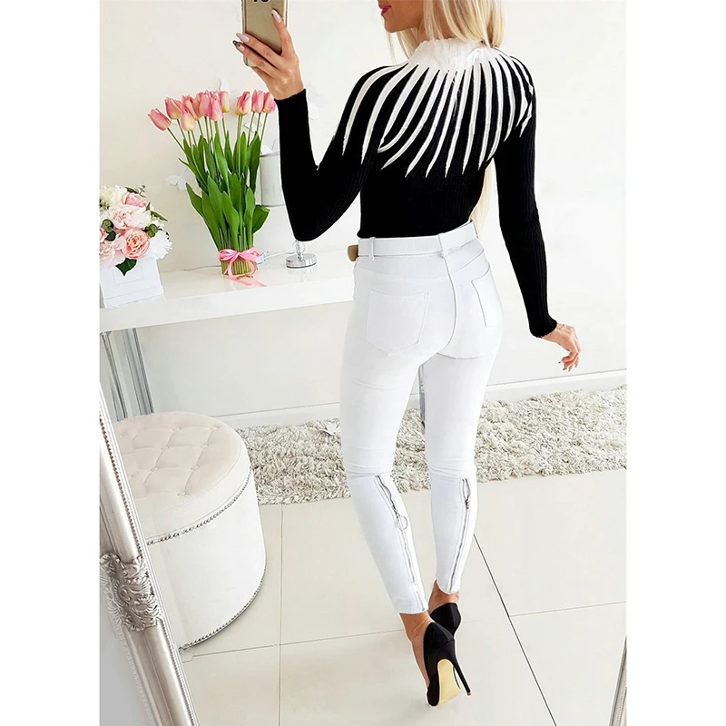 Women Clothing Autumn Winter Turtleneck Color Patchwork Slim Elegant Knitted Pullovers Sweater Office Ladies Casual Tops SJ4999E | Женская