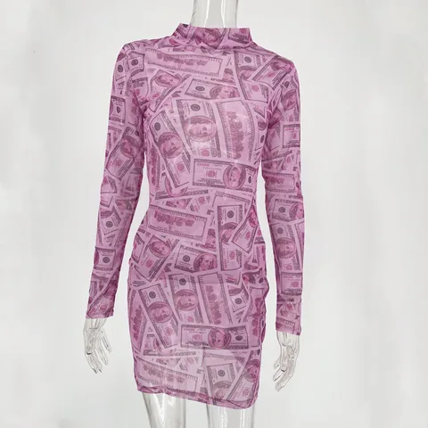 Женское Сетчатое платье с принтом Joskaa Money, повседневное базовое облегающее мини-платье с длинным рукавом, уличная одежда, 2020
