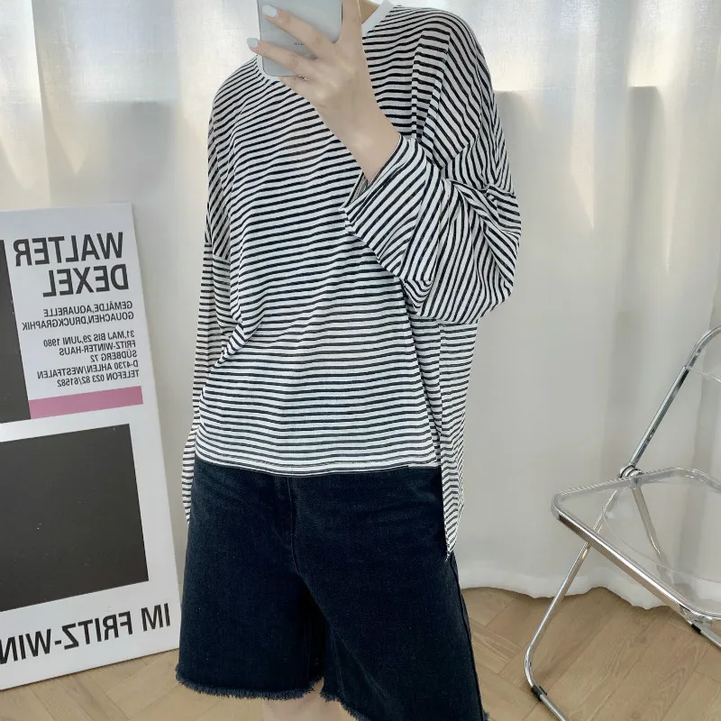 

Striped Sunscreen T Shirt Female Round Collar Long Sleeve Knitted Shirt Loose Base Shirt