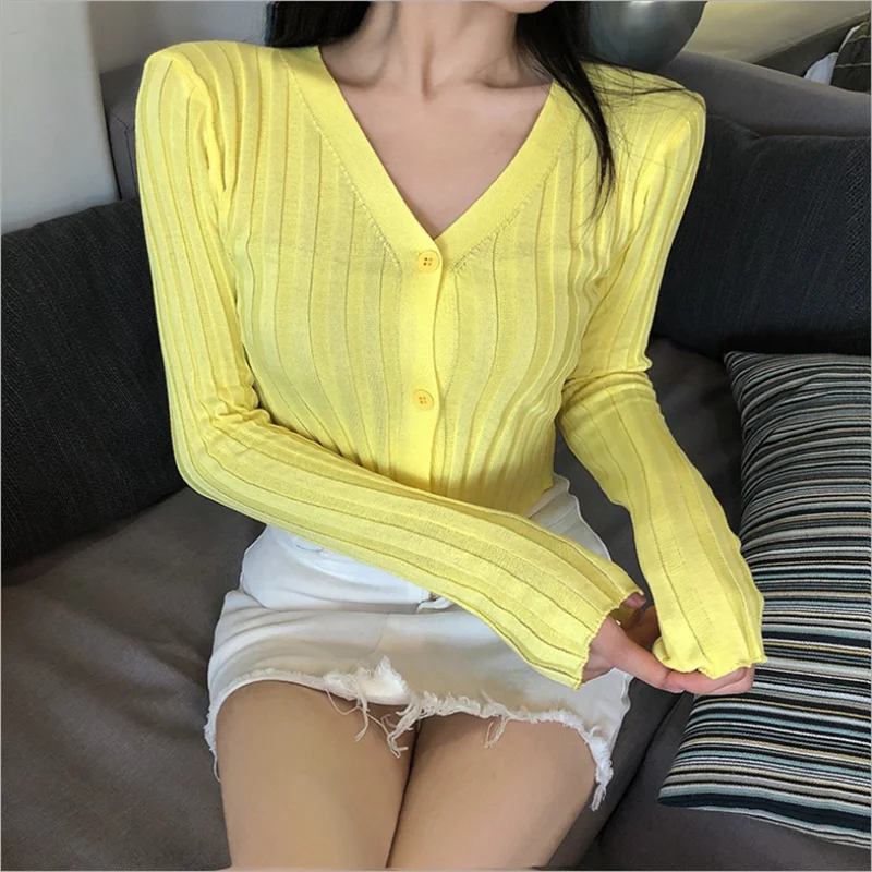 

Korean Style V-Neck Short Knitted Sweaters Women Thin Cardigan Fashion Sleeve Sun Protection Crop Top Ropa Mujer MY-114