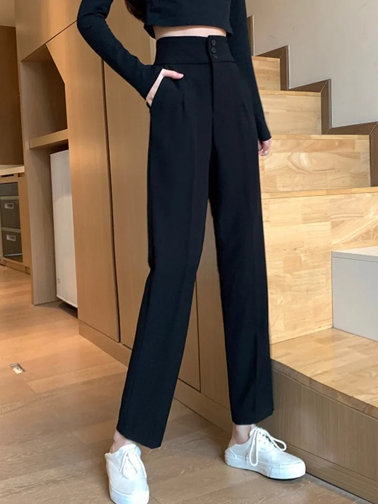 Black suit pants women's spring and autumn high waist hanging wide leg 2021 new small straight casual trend | Женская одежда
