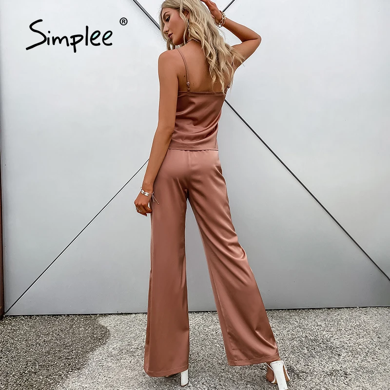 

Simplee Sexy elegant satin women two piece suit summer Fashion v-neck camisole long wide leg pants High street set lady chic new